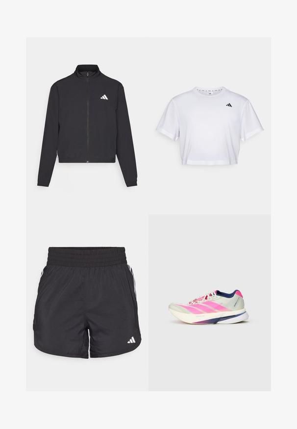 adidas Performance TRAIN ESSENTIALS 3 STRIPES WARM UP - Chaqueta de entrenamiento - black/white; Camiseta blanca recortada hecha de una tela suave, con mangas cortas y un escote redondo. Logo negro en el lado izquierdo del pecho.; Pantalones cortos deportivos negros con cintura elástica, bolsillos laterales y detalles de rayas blancas en los lados. Hechos de un material ligero.; Zapatilla de correr con una parte superior de malla ligera en verde pálido y rayas rosas, acentos morados y una suela blanca gruesa etiquetada "LIGHTSTRIKE PRO".