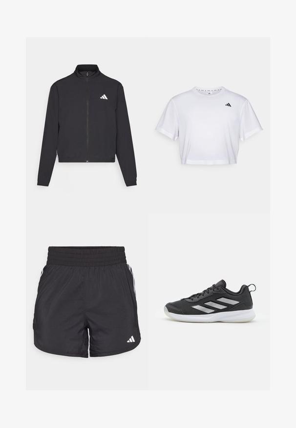 adidas Performance TRAIN ESSENTIALS 3 STRIPES WARM UP - Treningsjakke - black/white; Hvit kortermet t-skjorte laget av mykt stoff, med korte ermer og rund hals. Svart logo på venstre bryst.; Svarte treningsshorts med elastisk midje, sidelommer og hvite stripeaksenter på sidene. Laget av lett materiale.; Svart trening sko med et pustende mesh-overdel, reflekterende sølvflekker og en polstret hvit gummisåle. Snøring design.