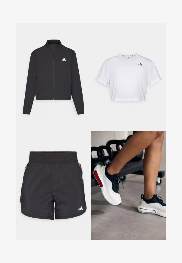 adidas Performance TRAIN ESSENTIALS 3 STRIPES WARM UP - Spordijakk - black/white; Valge lühikeste varrukatega krobitud t-särk, mis on valmistatud pehmest kangast ja millel on ümmargune kaelus. Vasakul rinnal must logo.; Mustad mustriga mustad sportlikud lühikesed püksid elastse värviga, küljetaskud ja valged triibud külgedel. Valmistatud kerge materjali sisu.; Valged ja mustad sportlikud jalatsid, millel on tekstureeritud pealisosa, ümar varvas, mustad nöörid ja punane aktsent küljel, asetatud kettlebellide lähedale.