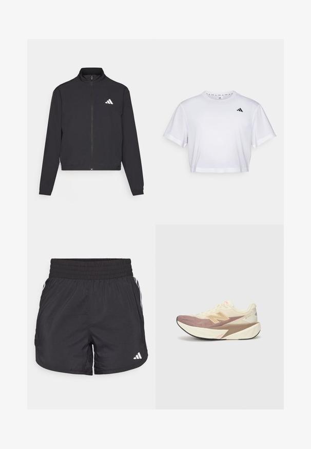 adidas Performance TRAIN ESSENTIALS 3 STRIPES WARM UP - Giacca sportiva - black/white; T-shirt bianco cropped realizzato in tessuto morbido, con maniche corte e scollo rotondo. Logo nero sul lato sinistro del petto.; Pantaloni sportivi neri con elastico in vita, tasche laterali e strisce bianche ai lati. Realizzati in materiale leggero.; Scarpa da corsa con tomaia color crema, dettagli rosa e accenti grigi. Presenta una suola spessa con superficie testurizzata e logo in evidenza.