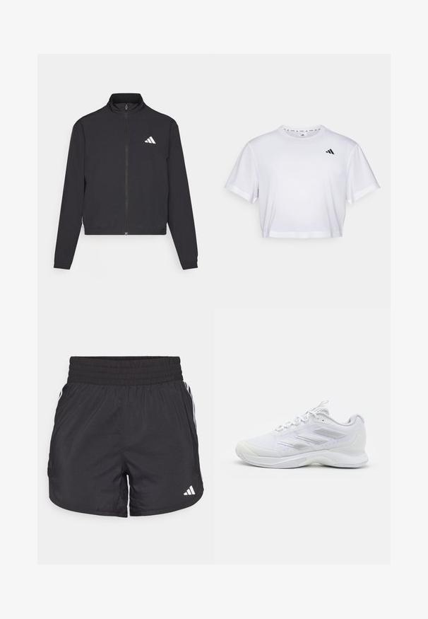 adidas Performance TRAIN ESSENTIALS 3 STRIPES WARM UP - Chaqueta de entrenamiento - black/white; Camiseta blanca recortada hecha de una tela suave, con mangas cortas y un escote redondo. Logo negro en el lado izquierdo del pecho.; Pantalones cortos deportivos negros con cintura elástica, bolsillos laterales y detalles de rayas blancas en los lados. Hechos de un material ligero.; Zapatilla deportiva blanca con parte superior de malla, tres rayas texturizadas en el costado, cierre con cordones y suela acolchada para deportes o uso casual.