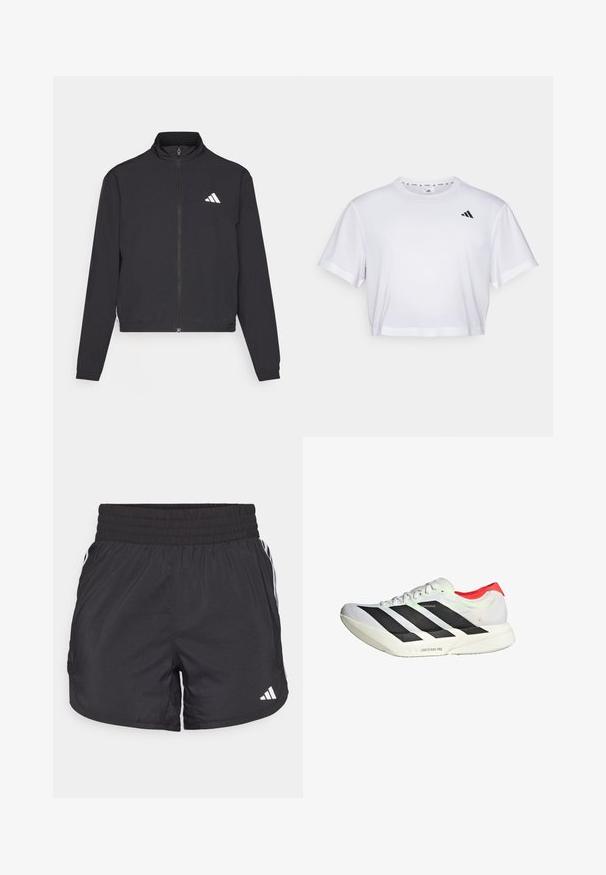 adidas Performance TRAIN ESSENTIALS 3 STRIPES WARM UP - Sportovní bunda - black/white; Bílý zkrácený tričko vyrobené z měkké látky, s krátkými rukávy a kulatým výstřihem. Černé logo na levé hrudi.; Černé sportovní šortky s elastickým pasem, bočními kapsami a bílými pruhy po stranách. Vyrobené z lehkého materiálu.; Bílé sportovní boty s černými pruhy a červeným podpatkem. Lehký síťovaný svršek, texturovaný materiál a vzorované akcenty na podrážce.