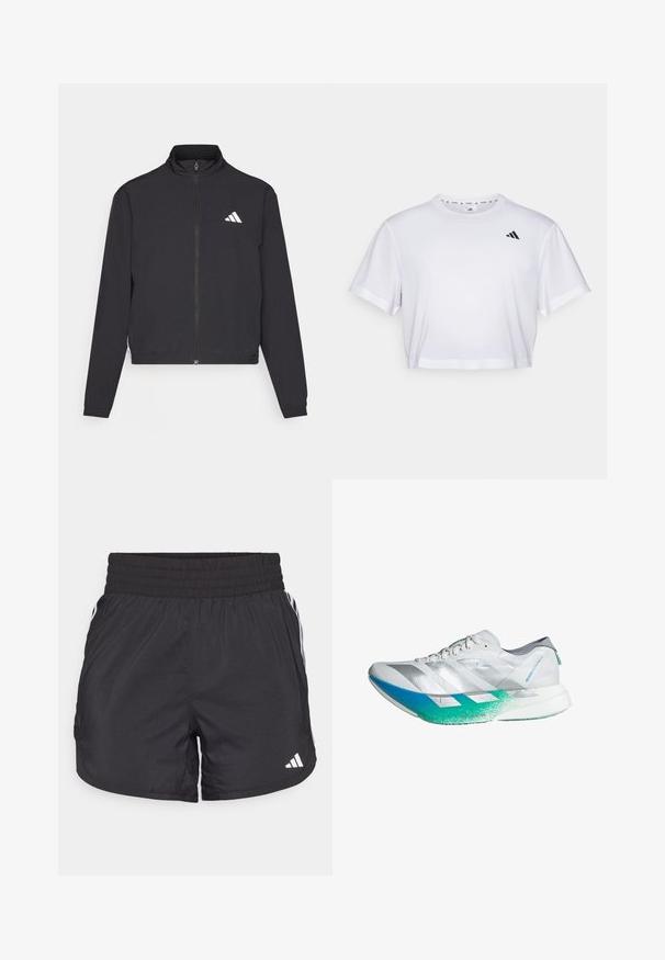 adidas Performance TRAIN ESSENTIALS 3 STRIPES WARM UP - Training jacket - black/white; White cropped t-shirt made from soft fabric, featuring short sleeves and a round neckline. Black logo on the left chest.; Black athletic shorts with an elastic waistband, side pockets, and white stripe accents on the sides. Made of lightweight material.; White running shoe with silver accents, blue-to-green gradient sole, textured upper, and three diagonal stripes on the side.