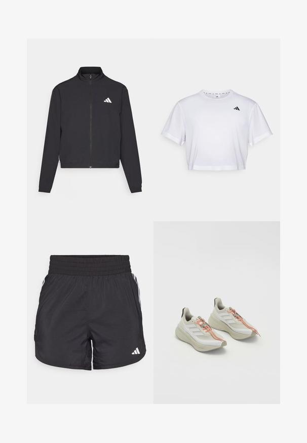 adidas Performance TRAIN ESSENTIALS 3 STRIPES WARM UP - Trainingsjacke - black/white; Weißes, kurzes T-Shirt aus weichem Stoff, mit kurzen Ärmeln und rundem Ausschnitt. Schwarzes Logo auf der linken Brust.; Schwarze Sportshorts mit elastischem Bund, seitlichen Taschen und weißen Streifenakzenten an den Seiten. Hergestellt aus leichtem Material.; Helle Sportschuhe aus strukturiertem, weißem Stoffobermaterial, orangefarbene Schnürsenkel und eine dicke, gepolsterte Sohle. Dreistreifen-Design an der Seite.