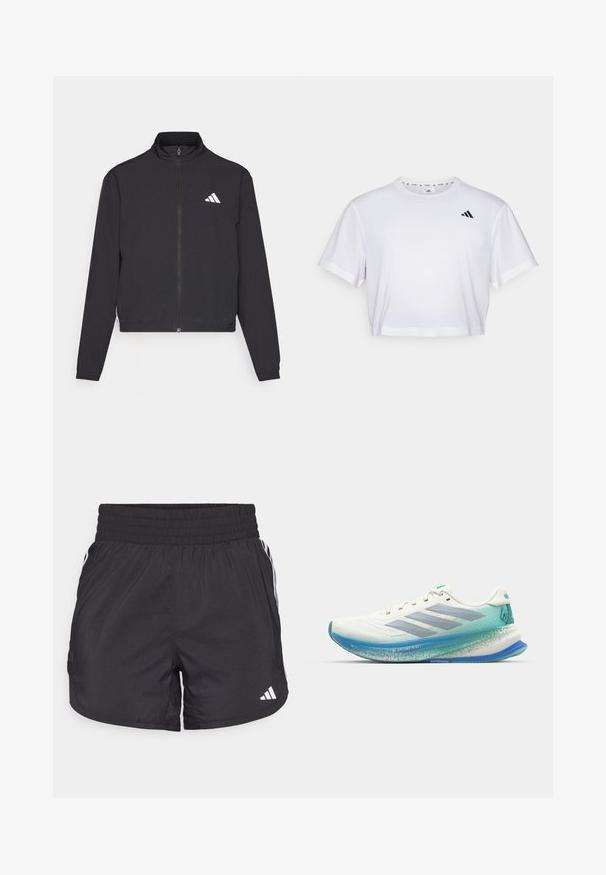 adidas Performance TRAIN ESSENTIALS 3 STRIPES WARM UP - Bluză de trening - black/white; Tricou alb scurt dintr-un material moale, cu mâneci scurte și decolteu rotund. Logo negru pe partea stângă a pieptului.; Șorturi atletice negre, cu talie elastică, buzunare laterale și accente albe pe laterale. Fabricate dintr-un material ușor.; Adidași albi de alergare cu un superior din plasă respirabilă, talpă intermediară de un albastru deschis și accente de teal. Prezintă un design elegant și o talpă texturată.