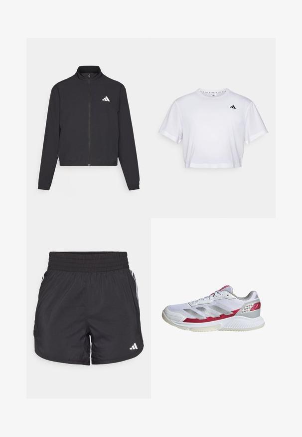 adidas Performance TRAIN ESSENTIALS 3 STRIPES WARM UP - Casaco de treino - black/white; T-shirt branca corta feita de tecido suave, com mangas curtas e decote redondo. Logotipo preto no lado esquerdo do peito.; Calções de desporto pretos com um cós elástico, bolsos laterais e detalhes em lista branca nas laterais. Feitos de material leve.; Shoe atlético branco com parte superior em malha, riscas prateadas, detalhes em rosa e sola texturizada. Apresenta colarinho acolchoado e detalhes perfurados.