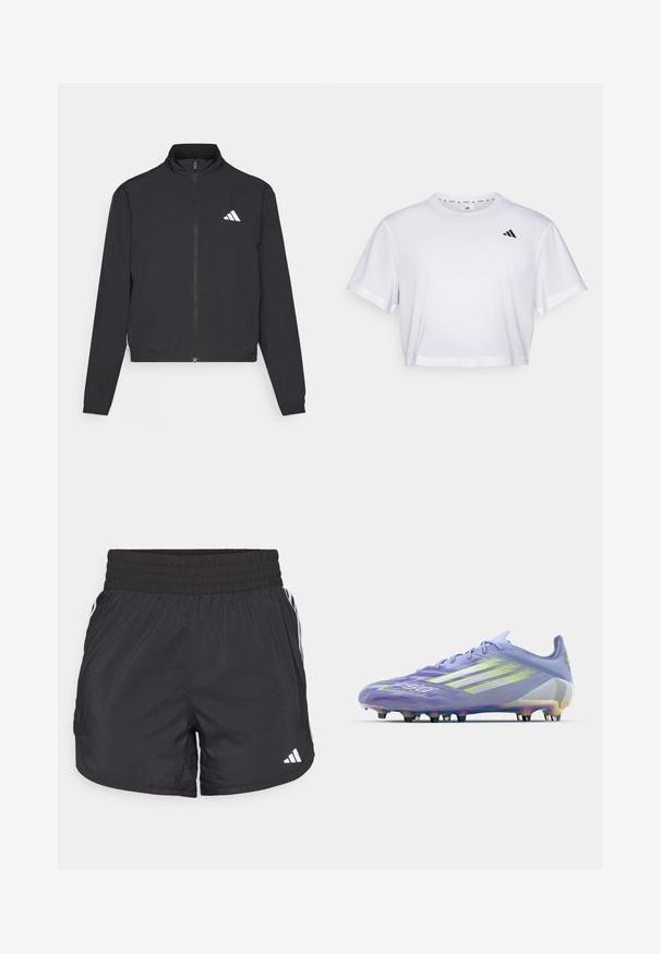 adidas Performance TRAIN ESSENTIALS 3 STRIPES WARM UP - Treningsjakke - black/white; Hvit kortermet t-skjorte laget av mykt stoff, med korte ermer og rund hals. Svart logo på venstre bryst.; Svarte treningsshorts med elastisk midje, sidelommer og hvite stripeaksenter på sidene. Laget av lett materiale.; Lys lilla fotballsko med iriserende detaljer, teksturert mønster på overdelen, seks svarte pigger og tre hvite striper på siden.