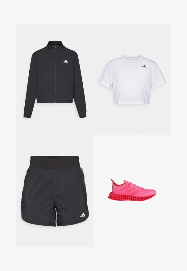 adidas Performance TRAIN ESSENTIALS 3 STRIPES WARM UP - Training jacket - black/white; White cropped t-shirt made from soft fabric, featuring short sleeves and a round neckline. Black logo on the left chest.; Black athletic shorts with an elastic waistband, side pockets, and white stripe accents on the sides. Made of lightweight material.; Pink athletic shoe with a breathable textile upper, three stripe design, and a distinctive lattice-patterned sole. Accents in darker pink.