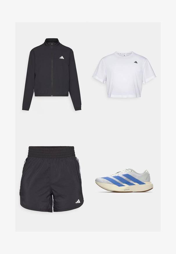 adidas Performance TRAIN ESSENTIALS 3 STRIPES WARM UP - Träningsjacka - black/white; Vit kortärmad t-shirt i mjukt material, med rund halsringning. Svart logotyp på vänster bröst.; Svarta träningsshorts med elastisk midja, sidfickor och vita randkonturer på sidorna. Tillverkade av lätt material.; Vit sportskor med blå ränder, texturerad ovandel, platt sula och "LIGHTSTRIKE PRO"-logotyp på sidan. Lågprofil design.