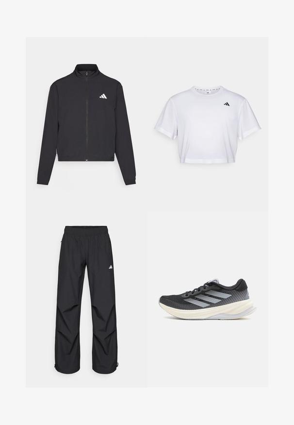 adidas Performance TRAIN ESSENTIALS 3 STRIPES WARM UP - Tréning dzseki - black/white; Fehér, rövid szabású póló, puha anyagból készült, rövid ujjakkal és kerek nyakkivágással. Fekete logó a bal mellen.; Fekete, könnyű, vízálló nadrág elasztikus derékrésszel, oldalsó zsebekkel és állítható mandzsettákkal. A bal combon fehér logó található.; adidas Performance SUPERNOVA SOLUTION - Utcai futócipők - core black/halo silver/dash grey
