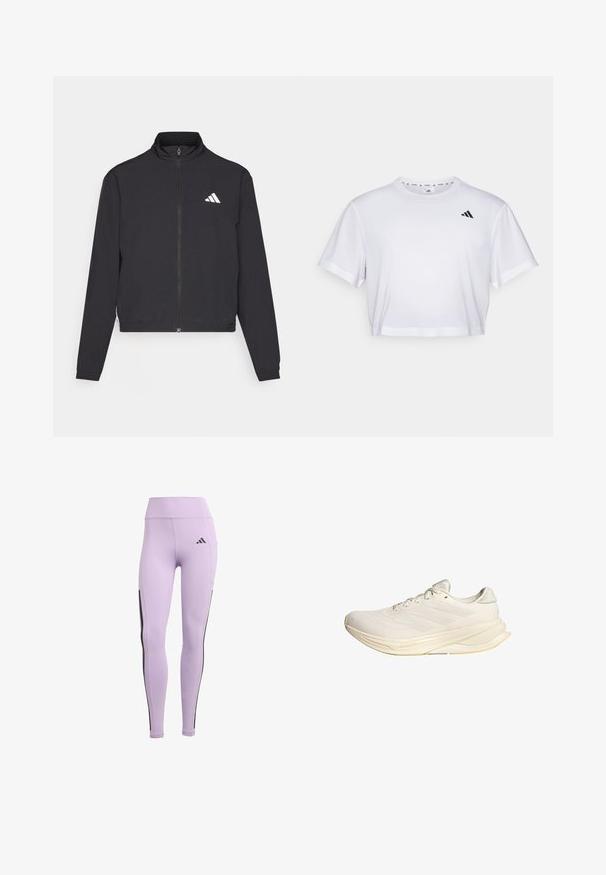 adidas Performance TRAIN ESSENTIALS 3 STRIPES WARM UP - Training jacket - black/white; White cropped t-shirt made from soft fabric, featuring short sleeves and a round neckline. Black logo on the left chest.; Purple athletic leggings featuring a high waist, stretch fabric, black side stripes, and the Adidas logo on the front.; Light beige athletic shoe with a mesh upper, flat laces, and a cushioned sole. Features three stripes design on the lateral side.