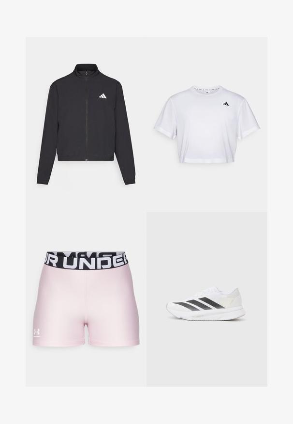 adidas Performance TRAIN ESSENTIALS 3 STRIPES WARM UP - Træningsjakke - black/white; Hvid crop top lavet af blødt stof, med korte ærmer og rund halsudskæring. Sort logo på venstre bryst.; Lyserøde sportsshorts lavet af glat materiale med en sort elastisk talje med hvid "UNDER ARMOUR" tekst. Logoet er placeret nederst til venstre.; Hvide sportsko med sorte diagonale striber, mesh-overdel, rund tå og tekstureret sål. Accenter inkluderer en sølv hæl og et minimalistisk design.