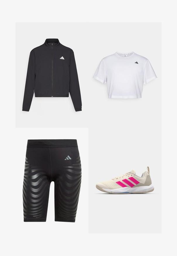 adidas Performance TRAIN ESSENTIALS 3 STRIPES WARM UP - Training jacket - black/white; White cropped t-shirt made from soft fabric, featuring short sleeves and a round neckline. Black logo on the left chest.; Black athletic shorts with a textured wave pattern in a darker shade of black, featuring a solid waistband and a small logo on the side.; Beige athletic shoe with pink three-stripe logo, textured mesh upper, padded collar, and white rubber sole, featuring "LIGHTSTRIKE" branding.