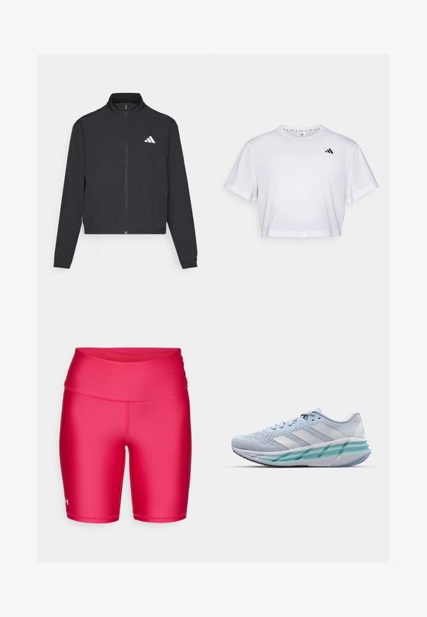 adidas Performance TRAIN ESSENTIALS 3 STRIPES WARM UP - Trainingsvest - black/white; Witte cropped t-shirt gemaakt van zachte stof, met korte mouwen en een ronde hals. Zwart logo op de linkerborst.; Roze sportshorts gemaakt van gladde, rekbare stof. Hoge tailleband, korte lengte en versterkte stiksels. Productlogo verschijnt aan de zijkant.; Lichtblauwe sportschoenen met een gestructureerde breitbovenkant, witte accenten en een doorzichtige groene tussenzool. Ronde neus en gevoerde kraag.