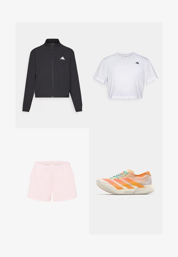 adidas Performance TRAIN ESSENTIALS 3 STRIPES WARM UP - Giacca sportiva - black/white; T-shirt bianco cropped realizzato in tessuto morbido, con maniche corte e scollo rotondo. Logo nero sul lato sinistro del petto.; Röhnisch SOFT - Pantaloncini sportivi - cradle pink; Scarpa da corsa con un design misto di arancione, pesca e bianco. Presenta tre strisce bianche e lacci azzurri chiari.