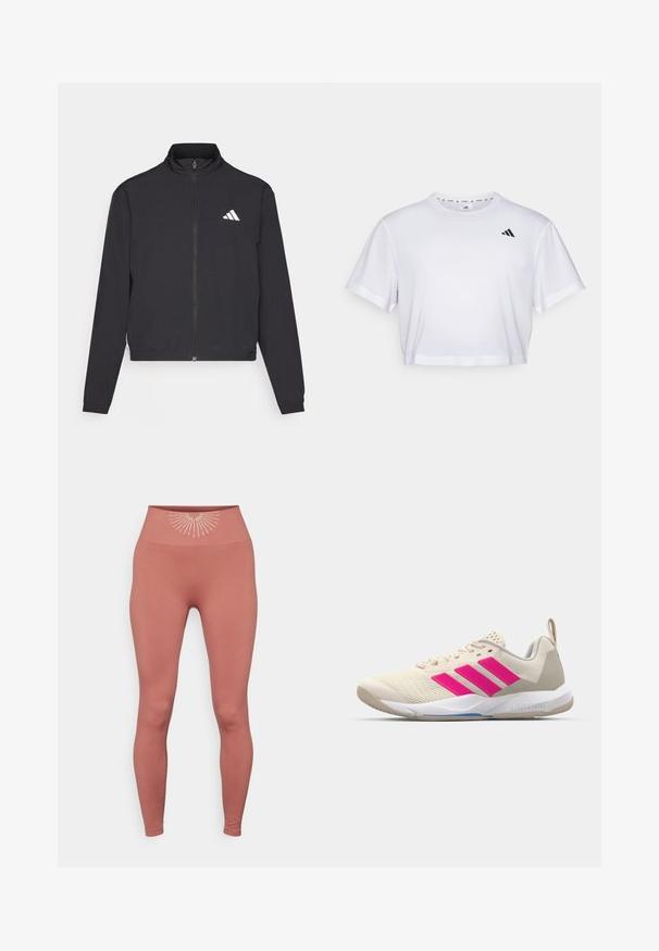 adidas Performance TRAIN ESSENTIALS 3 STRIPES WARM UP - Training jacket - black/white; White cropped t-shirt made from soft fabric, featuring short sleeves and a round neckline. Black logo on the left chest.; Yogasearcher KEISHO - Leggings - cedar; Beige athletic shoe with pink three-stripe logo, textured mesh upper, padded collar, and white rubber sole, featuring "LIGHTSTRIKE" branding.