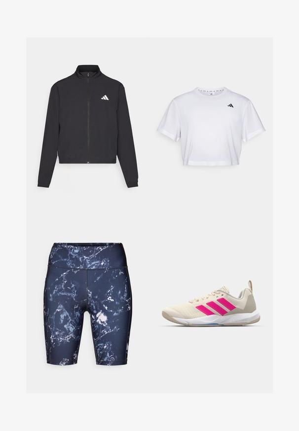 adidas Performance TRAIN ESSENTIALS 3 STRIPES WARM UP - Tréning dzseki - black/white; Fehér, rövid szabású póló, puha anyagból készült, rövid ujjakkal és kerek nyakkivágással. Fekete logó a bal mellen.; Sötétkék márvány mintás sport rövidnadrág fehér és szürke kiegészítőkkel. Rugalmas anyagból készült, és magas derékbőség jellemzi.; Beige sportcipő rózsaszín háromsávos logóval, texturált hálós felső résszel, párnázott nyakkal és fehér gumitalppal, "LIGHTSTRIKE" márkajelzéssel.