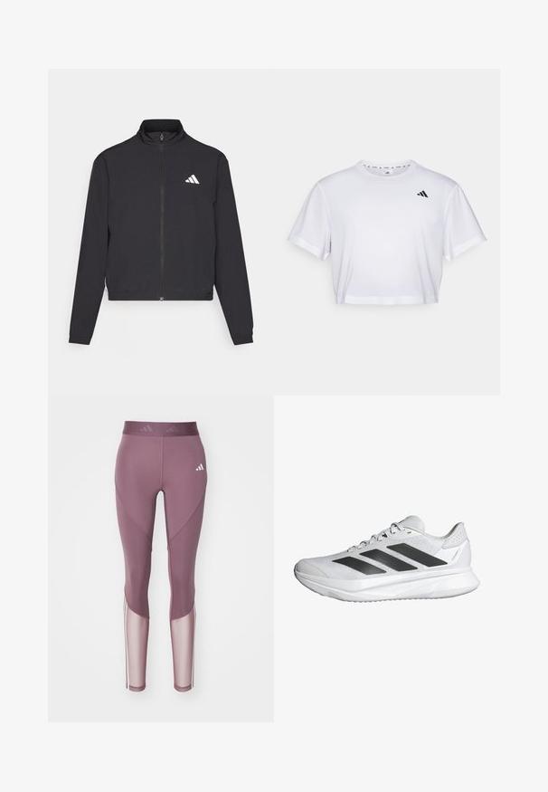 adidas Performance TRAIN ESSENTIALS 3 STRIPES WARM UP - Trainingsjacke - black/white; Weißes, kurzes T-Shirt aus weichem Stoff, mit kurzen Ärmeln und rundem Ausschnitt. Schwarzes Logo auf der linken Brust.; adidas Performance Tights - shadow fig/white; Weißer Sportschuh mit einem atmungsaktiven Mesh-Obermaterial, drei schwarzen Streifen, leichtem Sohlen und strukturierten Akzenten an der Ferse zur Unterstützung.