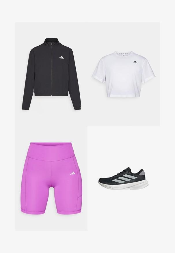 adidas Performance TRAIN ESSENTIALS 3 STRIPES WARM UP - Training jacket - black/white; White cropped t-shirt made from soft fabric, featuring short sleeves and a round neckline. Black logo on the left chest.; adidas Performance OPTIME LEGGINGS - Leggings - purple burst; Black running shoe with mesh upper, three silver stripes, white midsole, and textured outsole. Features padded collar and lace closure.