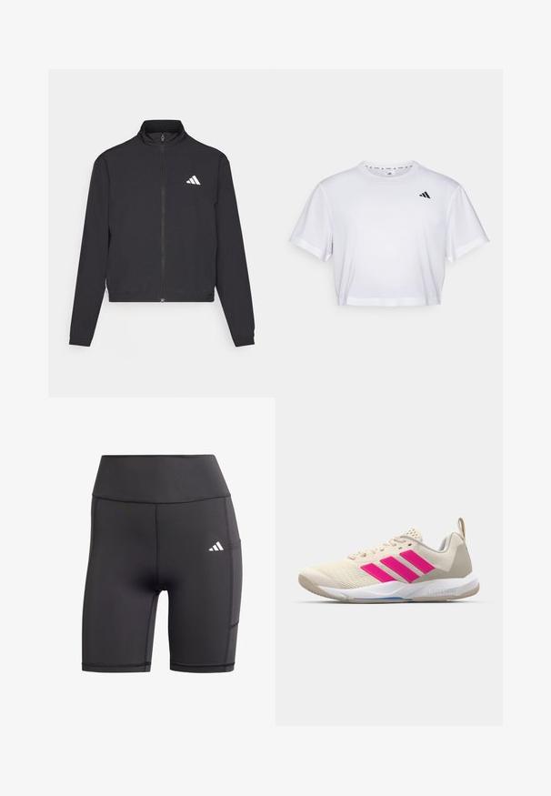 adidas Performance TRAIN ESSENTIALS 3 STRIPES WARM UP - Training jacket - black/white; White cropped t-shirt made from soft fabric, featuring short sleeves and a round neckline. Black logo on the left chest.; Black athletic shorts made from stretchy material, featuring a high waist, flat seams, and a white logo on the left hip.; Beige athletic shoe with pink three-stripe logo, textured mesh upper, padded collar, and white rubber sole, featuring "LIGHTSTRIKE" branding.
