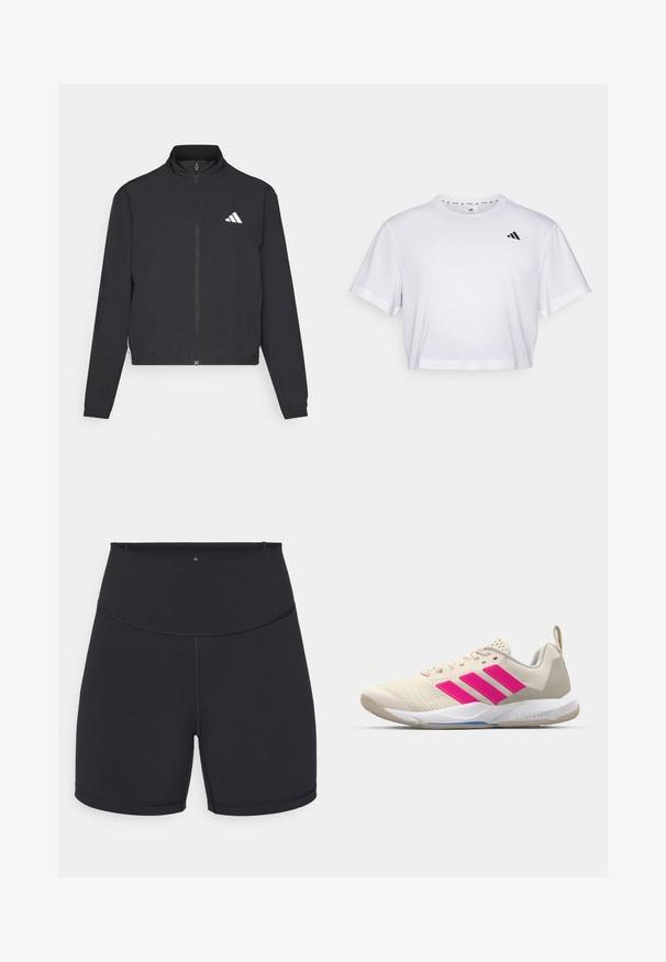 adidas Performance TRAIN ESSENTIALS 3 STRIPES WARM UP - Trainingsjacke - black/white; Weißes, kurzes T-Shirt aus weichem Stoff, mit kurzen Ärmeln und rundem Ausschnitt. Schwarzes Logo auf der linken Brust.; Schwarze Sportshorts aus dehnbarem Material. Besitzen einen hohen Bund und glatte Nähte. Geeignet für Freizeitkleidung und Sport.; Beige Sportsschuh mit pinkem Dreistreifen-Logo, strukturiertem Mesh-Obermaterial, gepolstertem Schaft und weißer Gummisohle, mit "LIGHTSTRIKE"-Branding.