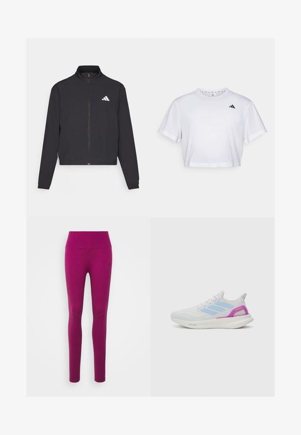 adidas Performance TRAIN ESSENTIALS 3 STRIPES WARM UP - Casaco de treino - black/white; T-shirt branca corta feita de tecido suave, com mangas curtas e decote redondo. Logotipo preto no lado esquerdo do peito.; Leggings ajustados numa vibrante tonalidade magenta, feitos de um tecido liso e elástico. Apresentam uma cintura alta e um design sem emendas.; adidas Performance PUREBOOST 5 - Sapatos para corrida em estrada - white/glow blue/purple burst