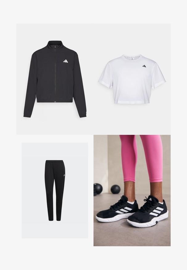 adidas Performance TRAIN ESSENTIALS 3 STRIPES WARM UP - Træningsjakke - black/white; Hvid crop top lavet af blødt stof, med korte ærmer og rund halsudskæring. Sort logo på venstre bryst.; Sorte atletiske bukser lavet af strækbart materiale, med en elastisk talje og et lille hvidt Adidas-logo på venstre hofte. Slim fit design.; Sorte sportssko med hvide striber, tekstureret mesh-overdel og en hvid sål. Bæres med pink leggings, der fremhæver træningstøj.