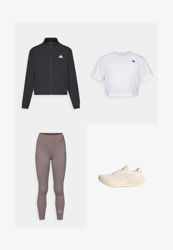 adidas Performance TRAIN ESSENTIALS 3 STRIPES WARM UP - Treningsjakke - black/white; Hvit kortermet t-skjorte laget av mykt stoff, med korte ermer og rund hals. Svart logo på venstre bryst.; adidas by Stella McCartney Tights - charcoal; Lys beige treningsko med mesh-overdel, flate snøring og polstret såle. Har tre striper design på siden.