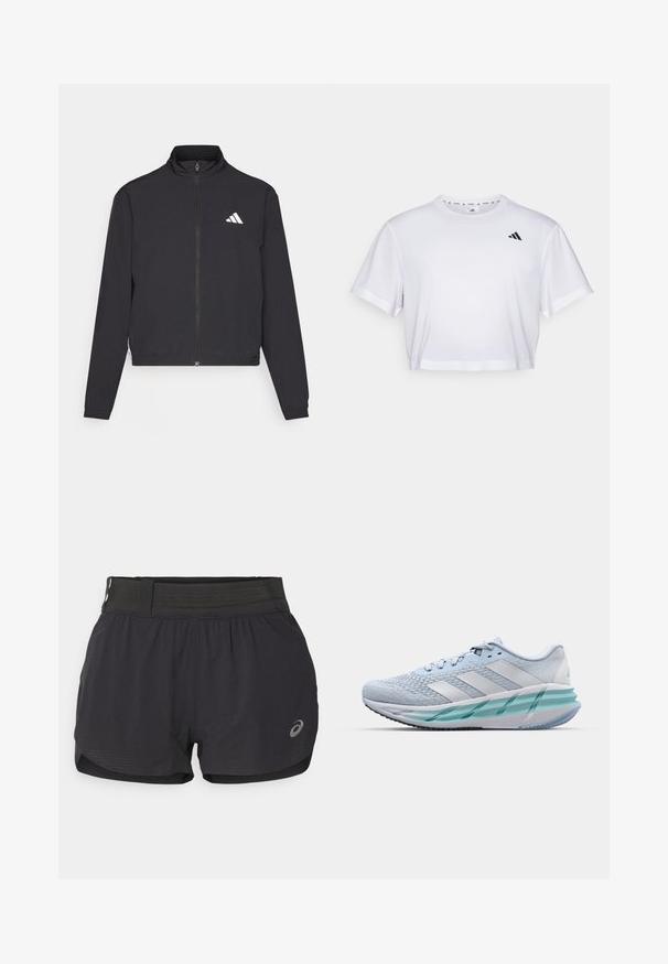 adidas Performance TRAIN ESSENTIALS 3 STRIPES WARM UP - Chaqueta de entrenamiento - black/white; Camiseta blanca recortada hecha de una tela suave, con mangas cortas y un escote redondo. Logo negro en el lado izquierdo del pecho.; Pantalones cortos de running negros con una cinturilla de malla, que presentan una textura suave, un largo corto y un pequeño logo en la parte inferior derecha.; Zapatillas deportivas azul claro con un upper de punto texturizado, acentos blancos y una suela intermedia verde transparente. Punta redondeada y cuello acolchado.