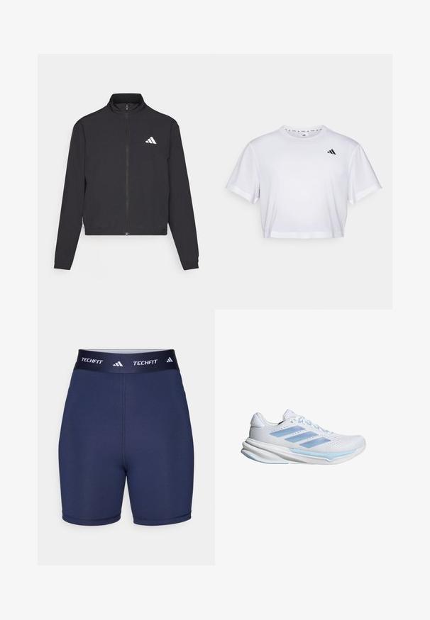 adidas Performance TRAIN ESSENTIALS 3 STRIPES WARM UP - Training jacket - black/white; White cropped t-shirt made from soft fabric, featuring short sleeves and a round neckline. Black logo on the left chest.; Navy blue athletic shorts with a smooth texture, elastic waistband featuring "TECHFIT" and three stripes logo, fitted design, minimal seams.; White running shoes with light blue accents, breathable mesh upper, three-stripe design, cushioned sole, and textured traction outsole.