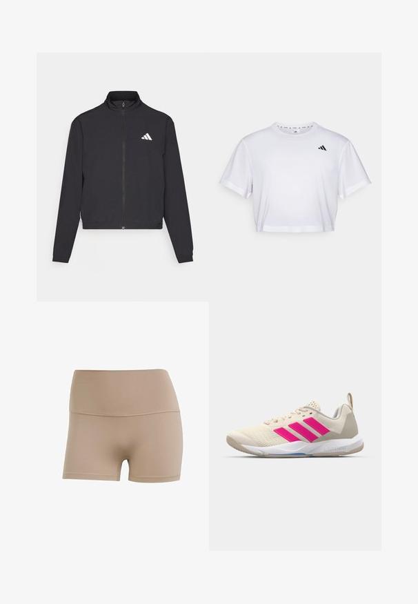 adidas Performance TRAIN ESSENTIALS 3 STRIPES WARM UP - Træningsjakke - black/white; Hvid crop top lavet af blødt stof, med korte ærmer og rund halsudskæring. Sort logo på venstre bryst.; Nude farvet strækstofshorts med høj talje, glat tekstur og kontrasterende syninger. Designet til komfort og fleksibilitet.; Beige sportsko med pink tre-stribede logo, tekstureret mesh overdel, polstret krave og hvid gummisål, med "LIGHTSTRIKE" branding.