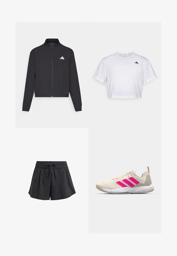 adidas Performance TRAIN ESSENTIALS 3 STRIPES WARM UP - Trainingsjacke - black/white; Weißes, kurzes T-Shirt aus weichem Stoff, mit kurzen Ärmeln und rundem Ausschnitt. Schwarzes Logo auf der linken Brust.; Schwarze Sportshorts mit elastischem Bündchen, innerem Kordelzug und seitlichen Schlitzen. Hergestellt aus einem glatten, leichten Stoff.; Beige Sportsschuh mit pinkem Dreistreifen-Logo, strukturiertem Mesh-Obermaterial, gepolstertem Schaft und weißer Gummisohle, mit "LIGHTSTRIKE"-Branding.