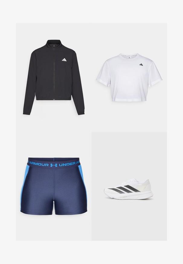 adidas Performance TRAIN ESSENTIALS 3 STRIPES WARM UP - Bluză de trening - black/white; Tricou alb scurt dintr-un material moale, cu mâneci scurte și decolteu rotund. Logo negru pe partea stângă a pieptului.; Șorturi atletice de culoare albastru marin, cu panouri laterale de culoare albastru deschis. Prezintă un brâu elastic cu logo-ul Under Armour. Material neted și elastic.; Săptămână albă de sport cu dungi diagonale negre, partea superioară din plasă, vârf rotunjit și talpă texturată. Accentele includ un toc argintiu și un design minimalism.