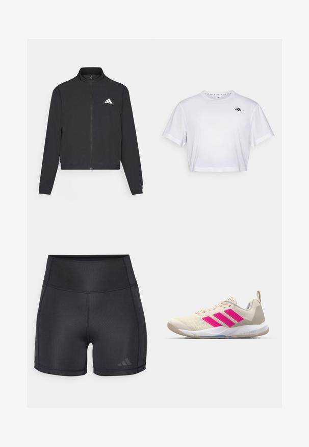 adidas Performance TRAIN ESSENTIALS 3 STRIPES WARM UP - Sportinė striukė - black/white; Balta trumpa marškinėliai, pagaminti iš švelnios medžiagos, su trumpomis rankovėmis ir apvaliu iškirpimu. Juodas logotipas kairėje krūtinės pusėje.; Juodi sportiniai šortai su aukštu liemeniu, lygiu paviršiumi, plokščiomis siūlėmis ir subtiliu logotipo detaliu apacioje.; Bežiniai sportiniai bateliai su rožinėmis trimis juostomis, tekstūruota tinklelio viršutinė dalis, paminkštinta apykaklė ir balta guma neslystančia padu, turintys "LIGHTSTRIKE" prekės ženklą.