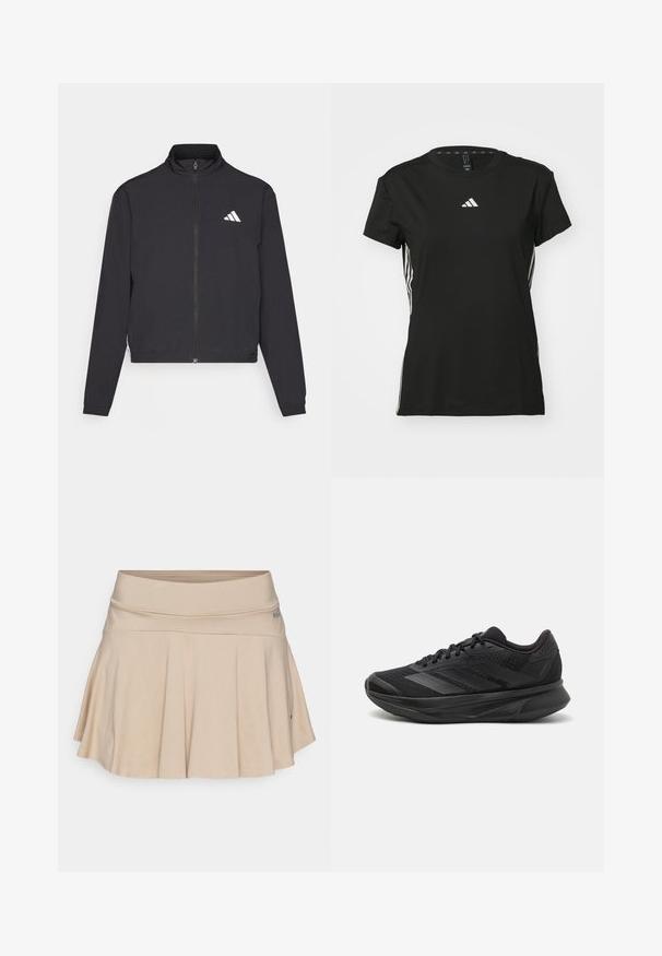 adidas Performance TRAIN ESSENTIALS 3 STRIPES WARM UP - Sportovní bunda - black/white; Černé sportovní tričko s krátkými rukávy, vyrobené ze syntetického materiálu. Má malé bílé logo na hrudi a bílé pruhy po stranách.; Béžová sukně s rozšířeným designem, vyrobená z texturované látky. Obsahuje hladký pas a jemný diagonální vzor.; Černé běžecké boty s prodyšným síťovaným svrškem, kulatou špičkou, elegantním designem, texturovanými detaily a polstrovanou podrážkou pro pohodlí.