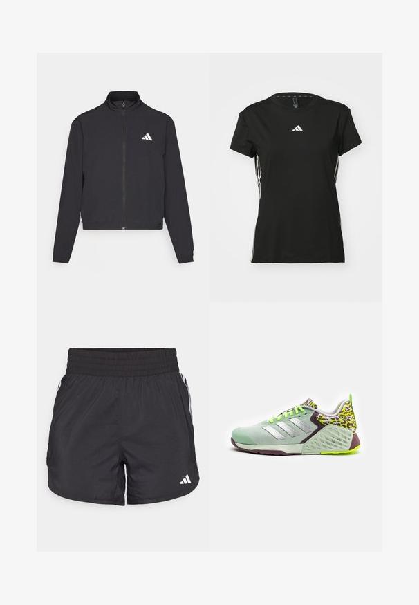 adidas Performance TRAIN ESSENTIALS 3 STRIPES WARM UP - Training jacket - black/white; Black athletic t-shirt with short sleeves, made of synthetic material. Features a small white logo on the chest and white stripes on the sides.; Black athletic shorts with an elastic waistband, side pockets, and white stripe accents on the sides. Made of lightweight material.; adidas Performance DROPSET 3 GFX - Training shoe - linen green/silver metallic/lucid lemon
