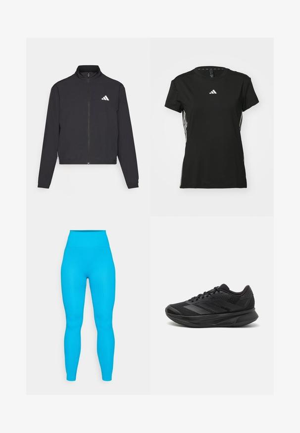 adidas Performance TRAIN ESSENTIALS 3 STRIPES WARM UP - Verryttelytakki - black/white; Mustat urheilu t-paita lyhyillä hihoilla, valmistettu synteettisestä materiaalista. Sisältää pienen valkoisen logon rinnassa ja valkoiset raidat sivuilla.; Ribbed siniset legginsit, joissa on korkea vyötärö, tiukka muotoilu ja sileä pinta, sopivat urheilu- tai vapaa-ajan käyttöön.; Mustat juoksukengät, joissa on hengittävä verkkoyläosa, pyöreä varvas, sulavalinjainen muotoilu, teksturoidut yksityiskohdat ja pehmustettu pohja mukavuutta varten.