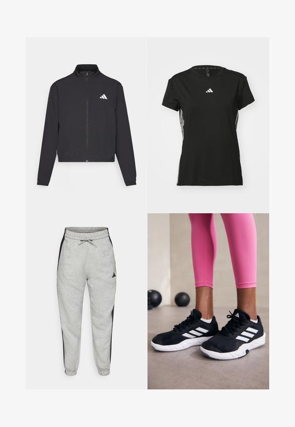 adidas Performance TRAIN ESSENTIALS 3 STRIPES WARM UP - Casaco de treino - black/white; T-shirt atlético preto com mangas curtas, feito de material sintético. Apresenta um pequeno logótipo branco no peito e riscas brancas nas laterais.; Calças de treino cinza claro com faixas laterais pretas, cintura elástica e cordão. Feitas de um tecido macio com punhos canelados nos tornozelos.; Sapatos de treino pretos com riscas brancas, parte superior em malha texturizada e sola branca. Usados com leggings cor-de-rosa, destacando roupa de treino.