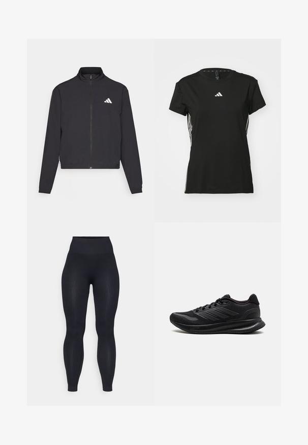 adidas Performance TRAIN ESSENTIALS 3 STRIPES WARM UP - Casaco de treino - black/white; T-shirt atlético preto com mangas curtas, feito de material sintético. Apresenta um pequeno logótipo branco no peito e riscas brancas nas laterais.; Leggings pretos com cintura alta em tecido canelado, feitos de material elástico. Apresentam uma textura suave com padrões verticais por toda a parte.; Sapatos atléticos pretos feitos de rede e materiais sintéticos, com bico arredondado, sola grossa e um design distinto de três riscas.