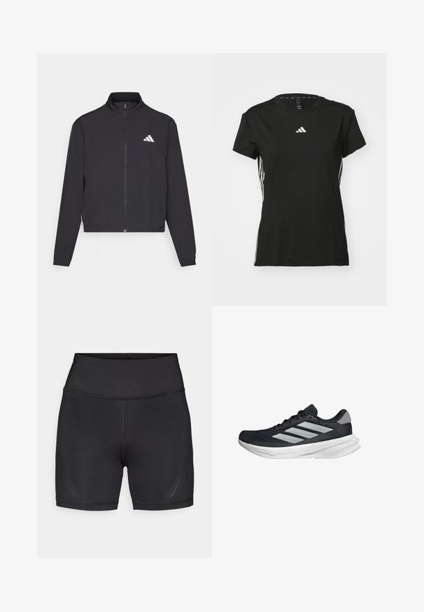 adidas Performance TRAIN ESSENTIALS 3 STRIPES WARM UP - Verryttelytakki - black/white; Mustat urheilu t-paita lyhyillä hihoilla, valmistettu synteettisestä materiaalista. Sisältää pienen valkoisen logon rinnassa ja valkoiset raidat sivuilla.; Mustat urheilushortsit, jotka on valmistettu joustavasta ja kevyestä kankaasta. Korkea vyötärönauha, sileät saumat ja hillityt sivukuvioinnit lisäävät yksityiskohtia.; Musta juoksukenkä, jossa on verkko-osa ylhäällä, kolme hopeista raitaa, valkoinen välipohja ja teksturoitu pohja. Varustettu pehmustetulla nilkkaremmeillä ja nauhakiinnityksellä.