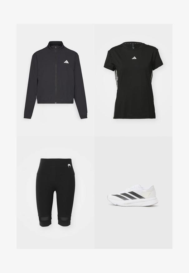 adidas Performance TRAIN ESSENTIALS 3 STRIPES WARM UP - Tréning dzseki - black/white; Fekete, rövid ujjú sportpóló, szintetikus anyagból készült. A mellrészen egy kis fehér logó található, valamint fehér csíkok vannak az oldalán.; Fekete kerékpáros rövidnadrág magas derékkal, fényes logóval a derékpánton és áttetsző hálós betétekkel az alján. Simogató, rugalmas anyag.; Fehér sportcipő fekete átlós csíkokkal, hálós felsőrésszel, lekerekített orral és texturált talppal. A kiegészítők között szerepel egy ezüst sarok és minimalista dizájn.