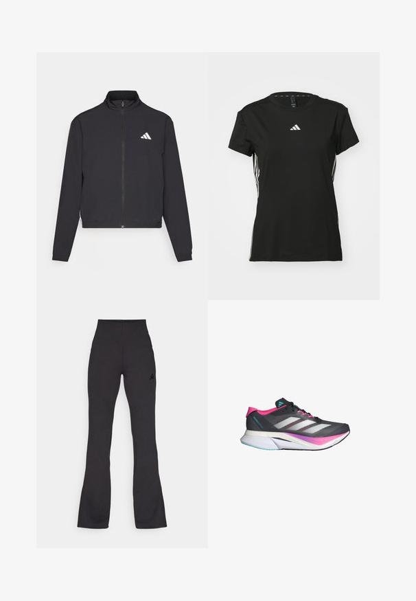 adidas Performance ESSENTIALS 3 STRIPES czarny; Czarna sportowa koszulka z krótkim rękawem, wykonana z materiału syntetycznego. Posiada małe białe logo na piersi oraz białe paski po bokach.; Czarne, wysokie, rozszerzane spodnie wykonane z gładkiego materiału, z małym czarnym logo po lewej stronie oraz jednolitym kolorem.; Buty biegowe z szarym siateczkowym wierzchem, różowymi akcentami i białymi paskami. Posiadają wyściełaną podeszwę oraz smukły, aerodynamiczny kształt.