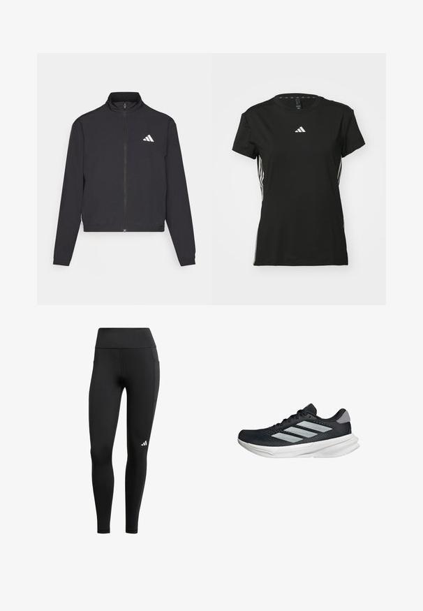 adidas Performance TRAIN ESSENTIALS 3 STRIPES WARM UP - Verryttelytakki - black/white; Mustat urheilu t-paita lyhyillä hihoilla, valmistettu synteettisestä materiaalista. Sisältää pienen valkoisen logon rinnassa ja valkoiset raidat sivuilla.; Mustat urheiluleggingsit, joissa on korkea vyötärö, valmistettu joustavasta kankaasta; sisältää sivutaskun ja pienen valkoisen logon helman lähellä.; Musta juoksukenkä, jossa on verkko-osa ylhäällä, kolme hopeista raitaa, valkoinen välipohja ja teksturoitu pohja. Varustettu pehmustetulla nilkkaremmeillä ja nauhakiinnityksellä.