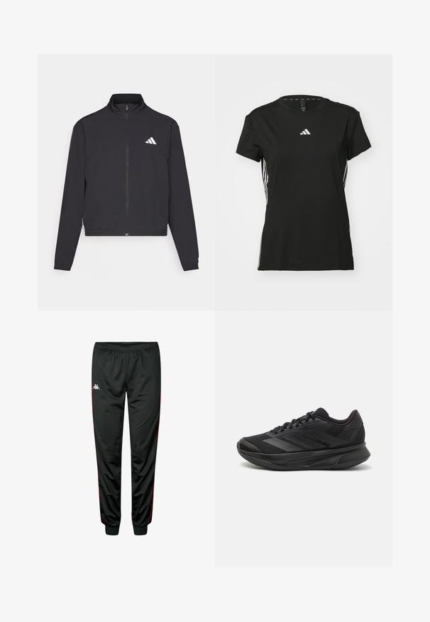 adidas Performance TRAIN ESSENTIALS 3 STRIPES WARM UP - Trainingsjacke - black/white; Schwarzes Sport-T-Shirt mit kurzen Ärmeln, hergestellt aus synthetischem Material. Verfügt über ein kleines weißes Logo auf der Brust und weiße Streifen an den Seiten.; Schwarze Sporthosen mit roten Seitenstreifen, elastischem Bund, schmal zulaufenden Beinen, aus glattem, leichtem Stoff. Mit einem Logo auf der Vorderseite.; Schwarzer Laufschuh mit einem atmungsaktiven Mesh-Obermaterial, runder Zehenpartie, schlankem Design, strukturierten Akzenten und einer gepolsterten Sohle für Komfort.
