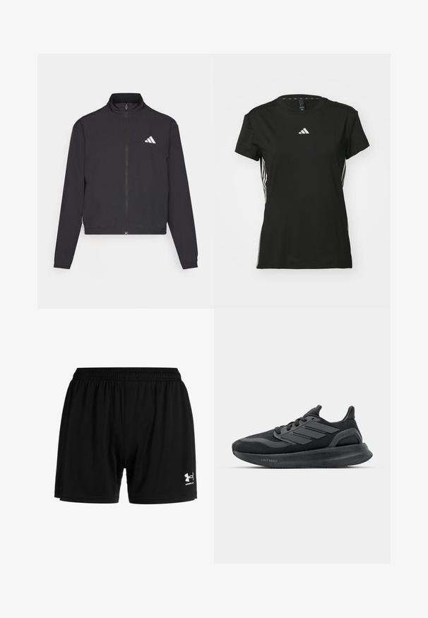 adidas Performance TRAIN ESSENTIALS 3 STRIPES WARM UP - Sportinė striukė - black/white; Juodas sportinis marškinėliai su trumpomis rankovėmis, pagaminti iš sintetinio audinio. Savybė - mažas baltas logotipas ant krūtinės ir baltos juostelės šonuose.; Juodi sportiniai šortai su elastiniu juosmeniu, pagaminti iš lengvos medžiagos. Apatinėje dešinėje pusėje yra baltas "Under Armour" logotipas.; Juodos sportinės bateliai su tinklu, tekstūruotomis detalėmis, trimis juostelėmis ir išlenktu padu, pažymėtu "LIGHT BOOST".