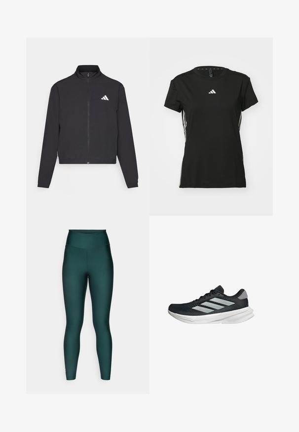 adidas Performance TRAIN ESSENTIALS 3 STRIPES WARM UP - Giacca sportiva - black/white; Maglietta sportiva nera a maniche corte, realizzata in materiale sintetico. Presenta un piccolo logo bianco sul petto e strisce bianche sui lati.; Leggings a vita alta di colore verde scuro, realizzati in un materiale morbido ed elastico. Presentano un design aderente e gambe affusolate. Senza motivi né dettagli.; Scarpa da corsa nera con tomaia in mesh, tre strisce argentate, intersuola bianca e suola testurizzata. Presenta un colletto imbottito e chiusura con lacci.
