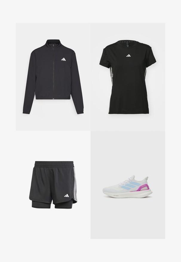 adidas Performance TRAIN ESSENTIALS 3 STRIPES WARM UP - Sportovní bunda - black/white; Černé sportovní tričko s krátkými rukávy, vyrobené ze syntetického materiálu. Má malé bílé logo na hrudi a bílé pruhy po stranách.; Černé sportovní šortky s vnitřní vrstvou, elastickým pasem a bílými třemi pruhy po stranách, s malým bílým logem. Hladká textura.; adidas Performance PUREBOOST 5 - Silniční běžecké boty - white/glow blue/purple burst