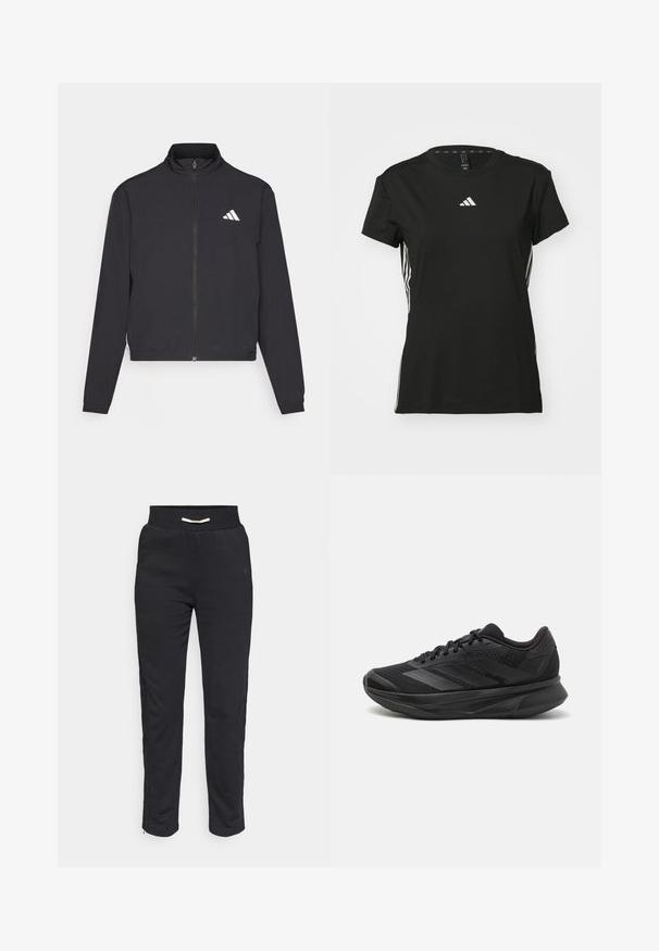 adidas Performance TRAIN ESSENTIALS 3 STRIPES WARM UP - Sportovní bunda - black/white; Černé sportovní tričko s krátkými rukávy, vyrobené ze syntetického materiálu. Má malé bílé logo na hrudi a bílé pruhy po stranách.; Černé sportovní tepláky s jemnou texturou, obsahující žebrovaný pas a boční pruhy s zipem na lemu pro nastavitelnou velikost.; Černé běžecké boty s prodyšným síťovaným svrškem, kulatou špičkou, elegantním designem, texturovanými detaily a polstrovanou podrážkou pro pohodlí.