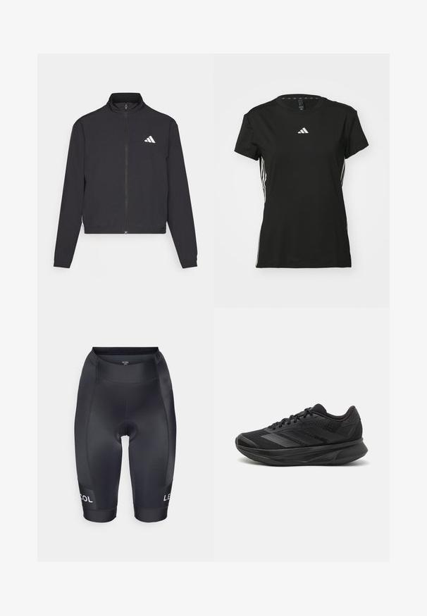 adidas Performance TRAIN ESSENTIALS 3 STRIPES WARM UP - Tréningová bunda - black/white; Čierne športové tričko s krátkymi rukávmi, vyrobené z syntetického materiálu. Obsahuje malé biele logo na hrudi a biele pruhy po stranách.; Čierne cyklistické kraťasy vyrobené z hladkej, elastickej látky. Obsahujú vystuženú sedaciu časť a logo na ľavom stehne. Dĺžka do polovice stehna.; Čierna bežecká obuv s priedušným sieťovaným zvrškom, zaoblenou špičkou, štíhlym dizajnom, štruktúrovanými akcentmi a polstrovanou podrážkou pre pohodlie.
