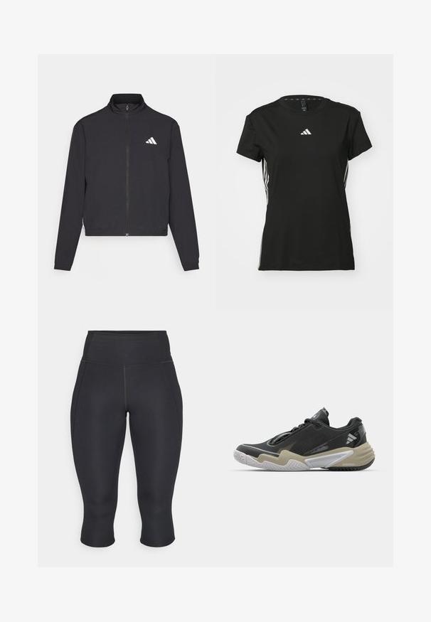 adidas Performance TRAIN ESSENTIALS 3 STRIPES WARM UP - Treningsjakke - black/white; Svart atletisk t-skjorte med korte ermer, laget av syntetisk materiale. Har en liten hvit logo på brystet og hvite striper på sidene.; Sorte capri leggings laget av elastisk stoff. Høyt liv-design med sidesømmer og ferdig kant, glatt tekstur, ingen synlige mønstre.; Sorte og beige sportssko med teksturert overdel, fremtredende såledesign, refleksdetaljer og snøresystem. Lett konstruksjon.